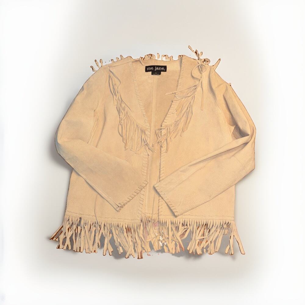 Brown Leather Fringe Open Front Western Short Jacket Long Sleeve Women L NOTE